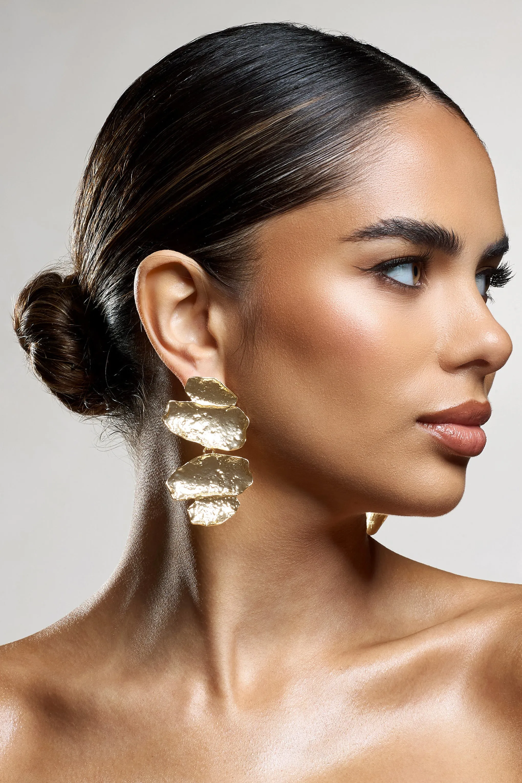 Cerise | Gold Abstract Textured Drop Earrings sold by Club L London