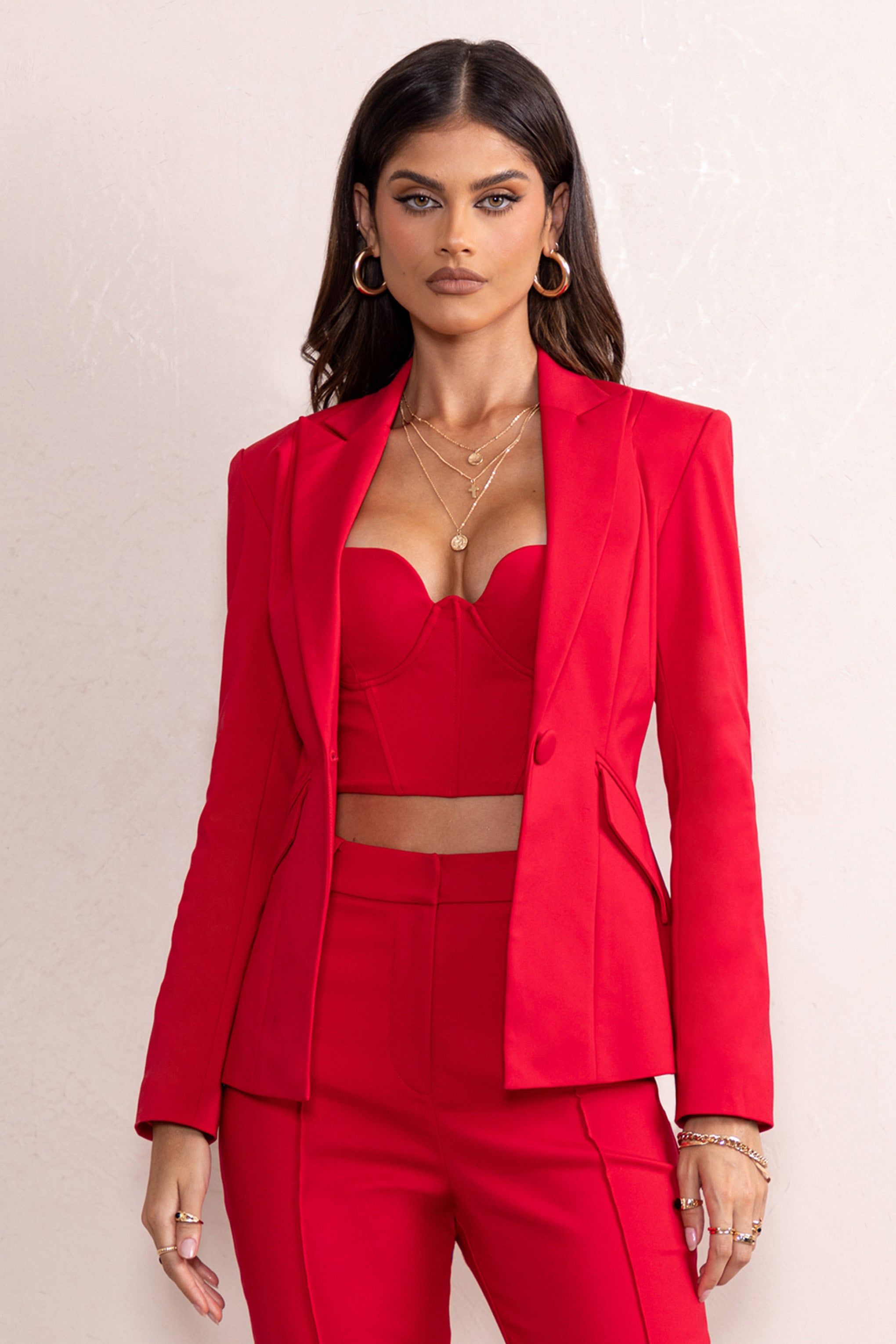 Serena | Red Plunge Neckline Tailored Blazer sold by Club L London product image thumbnail 2