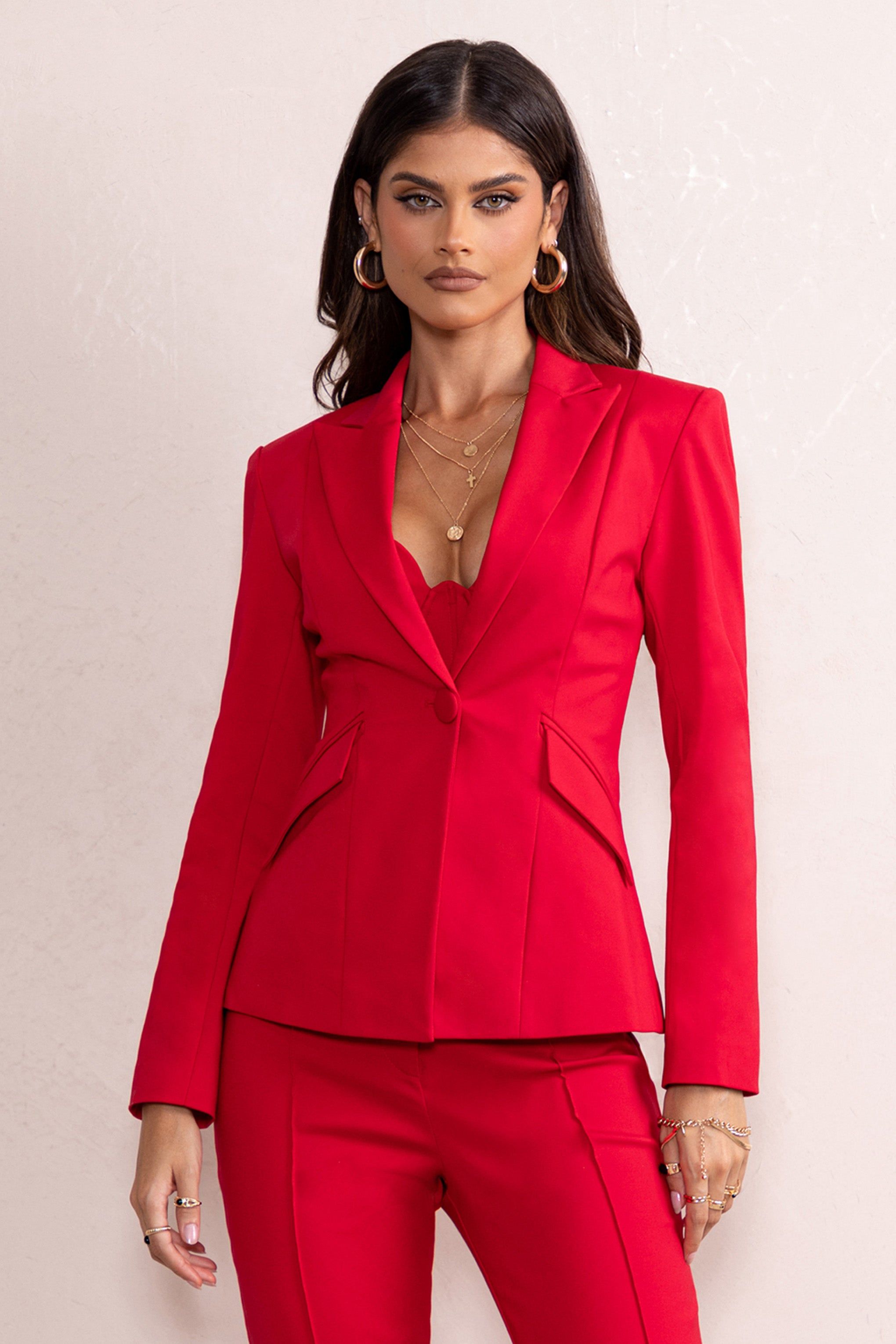 Serena | Red Plunge Neckline Tailored Blazer sold by Club L London