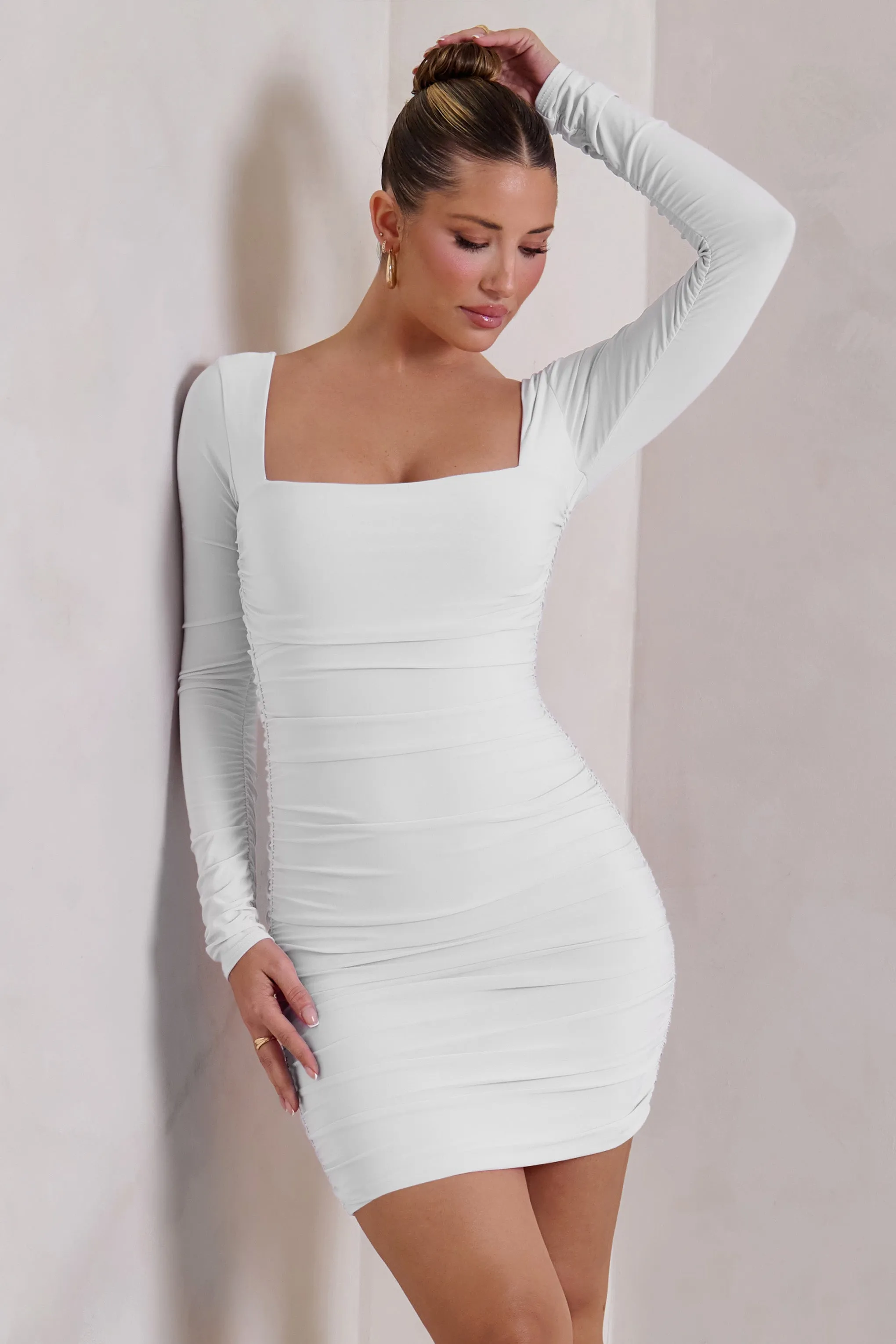Muse | White Long Sleeve Square Neck Ruched Mini Dress sold by Club L London product image thumbnail 4