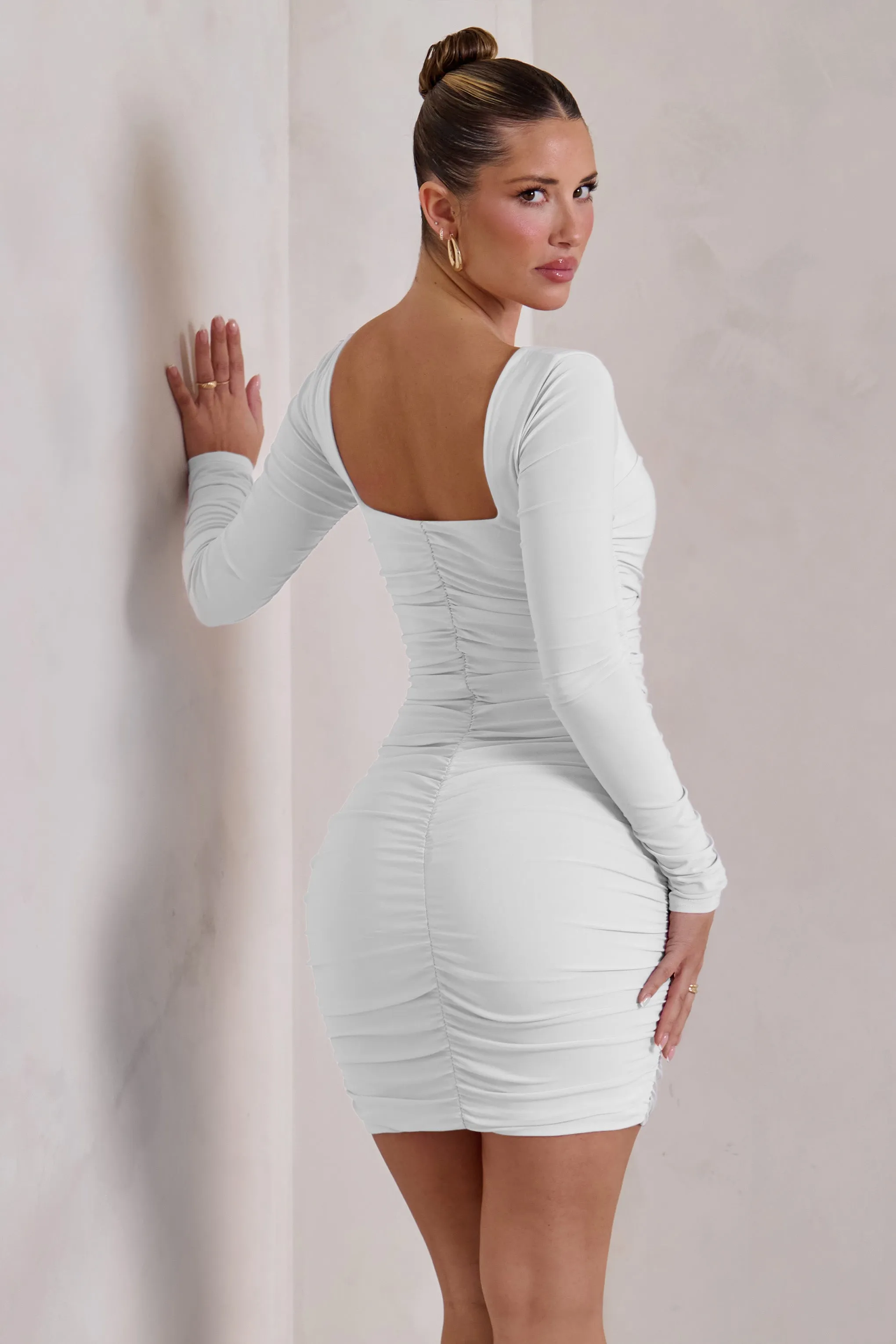 Muse | White Long Sleeve Square Neck Ruched Mini Dress sold by Club L London product image thumbnail 2