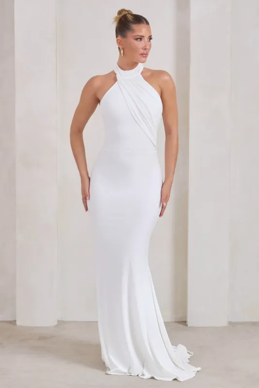 Marion | White High Neck Maxi Dress With Statement Train sold by Club L London