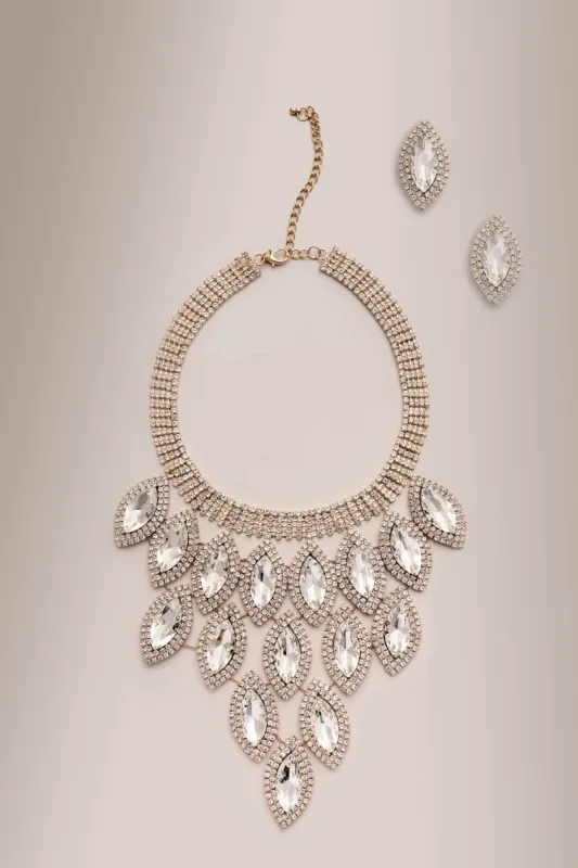 Alberta | Gold Statement Jewelled Necklace and Earrings sold by Club L London