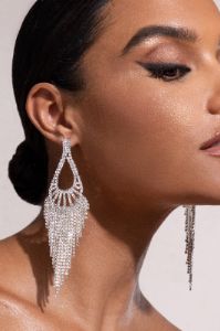 Alessia | Silver Diamante Teardrop Tassel Earrings sold by Club L London
