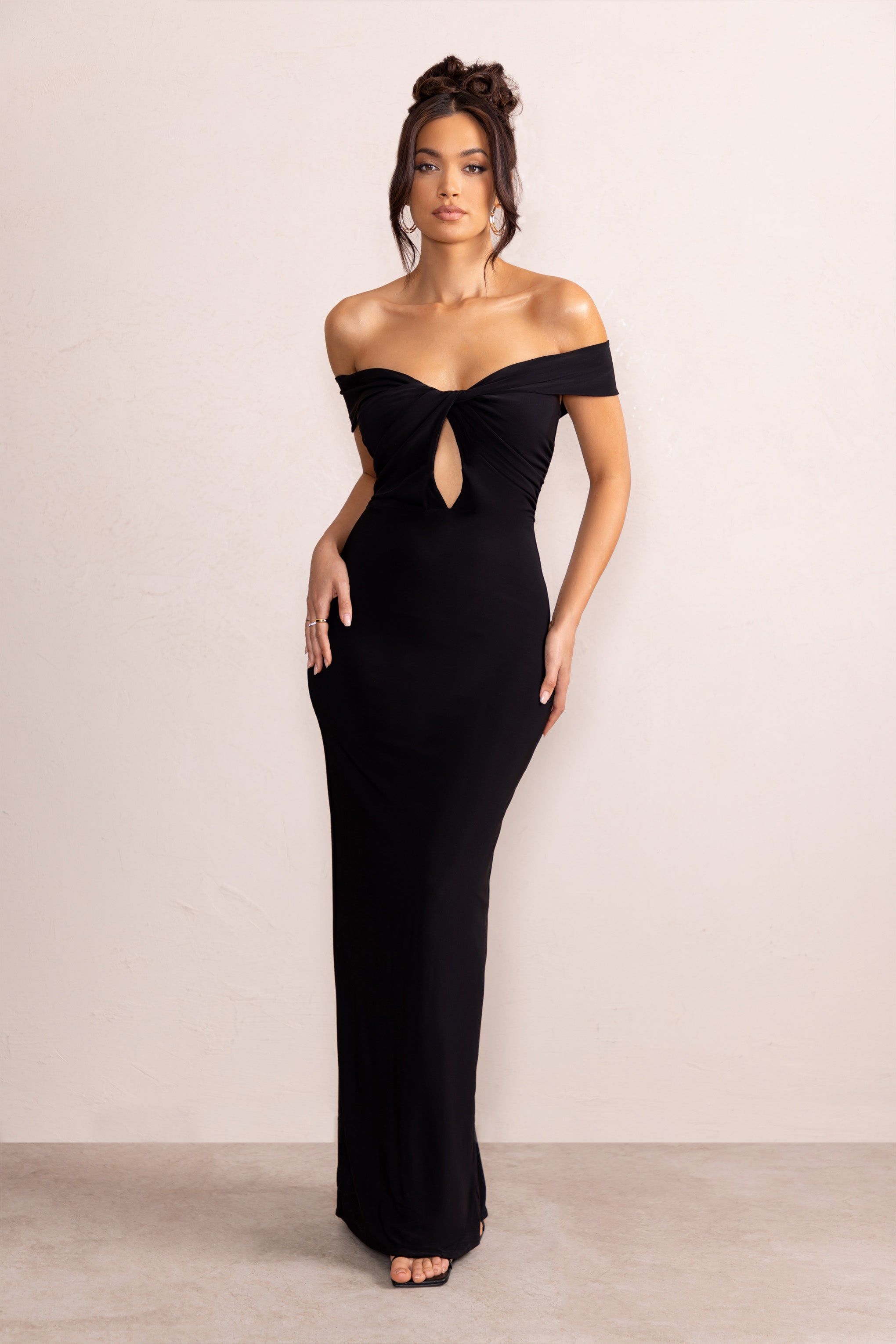 Arella | Black One Shoulder Twist Front Maxi Dress sold by Club L London