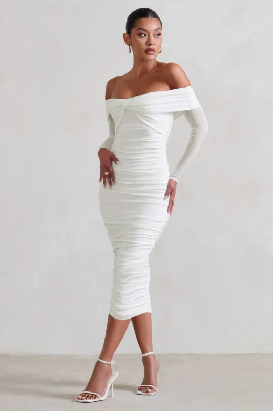 Neva | White Bardot Twist Midi Dress sold by Club L London