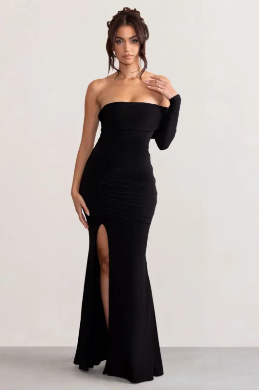 Meghan | Black Bardot Neck Thigh Split Fishtail Maxi Dress sold by Club L London