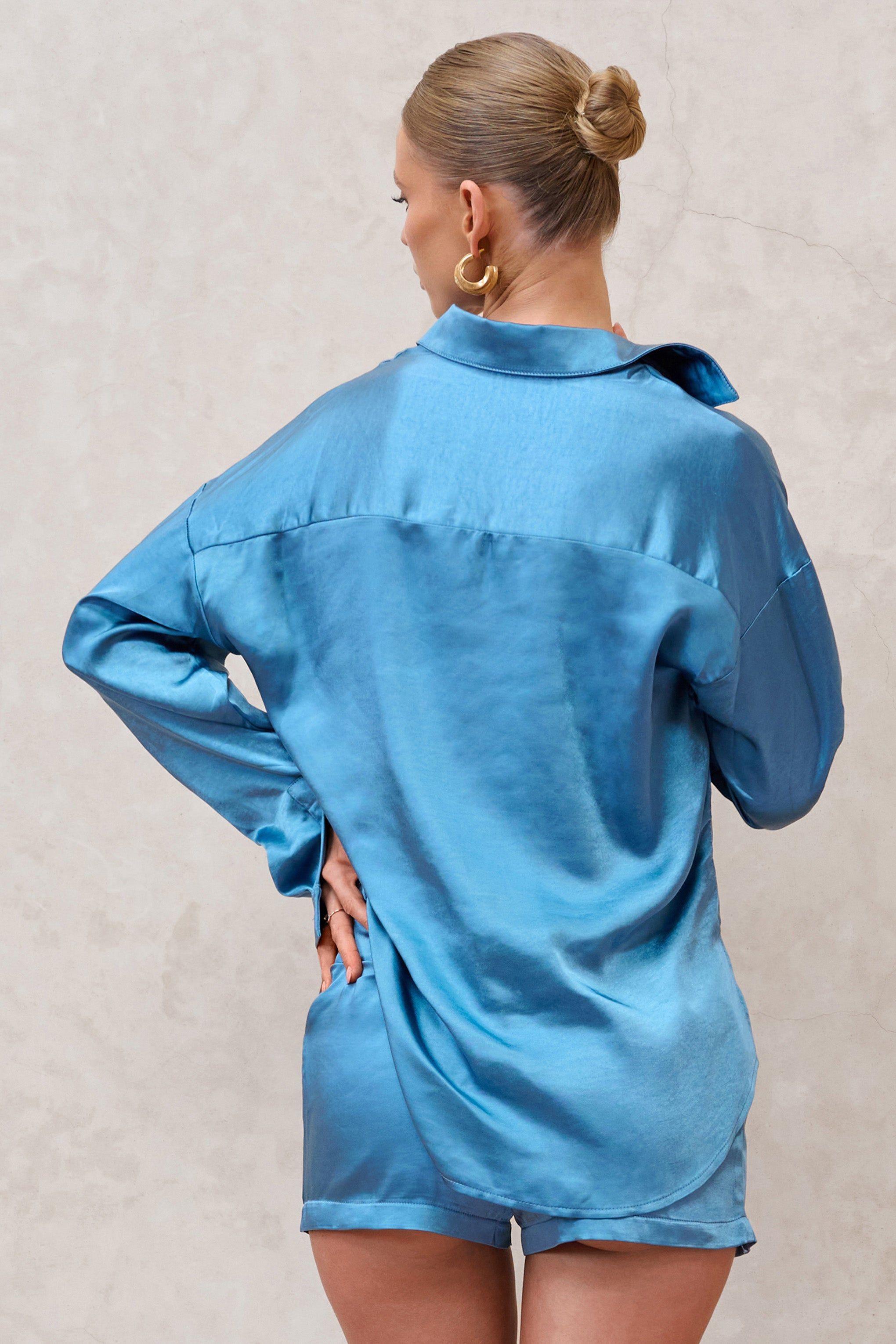 Limitless | Blue Oversized Long Sleeve Satin Shirt With Placement Pocket sold by Club L London product image thumbnail 2