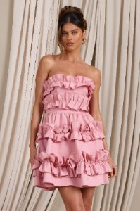Rosette | Blush Ruffled Bandeau Mini Dress sold by Club L London