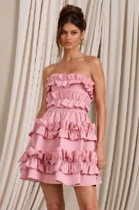 Rosette | Blush Ruffled Bandeau Mini Dress sold by Club L London