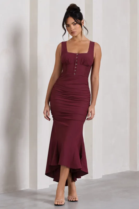 Savannah | Burgundy Square-Neck Corset Fishtail Maxi Dress sold by Club L London