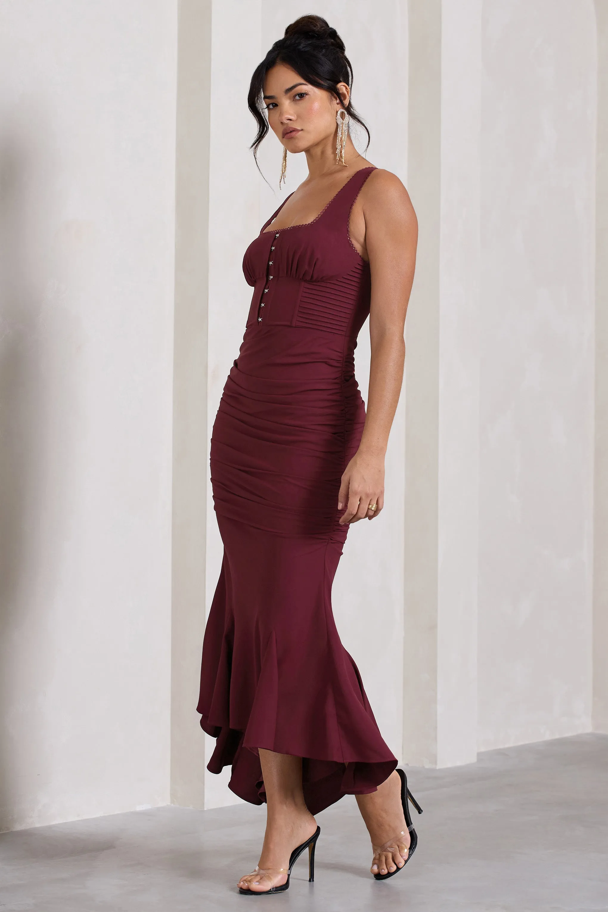 Savannah | Burgundy Square-Neck Corset Fishtail Maxi Dress sold by Club L London product image thumbnail 5