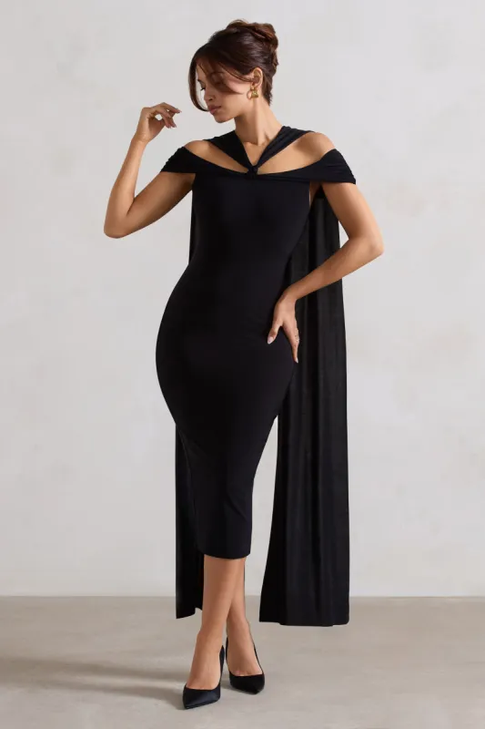 Galia | Black Strappy Midi Dress With Drape sold by Club L London