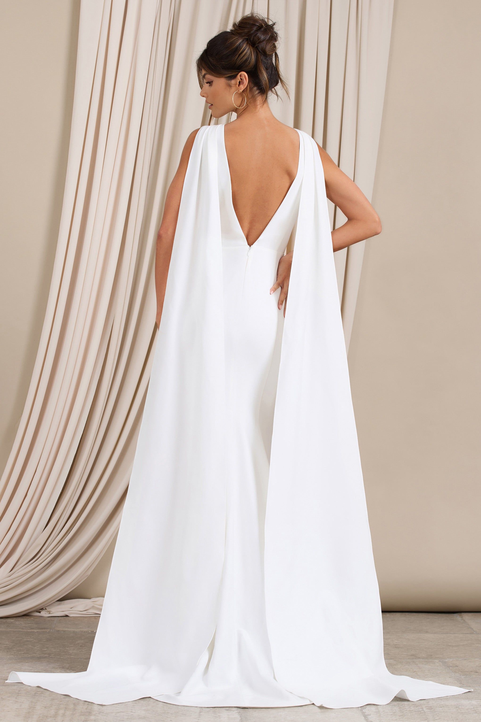 Rosaline | White Plunging Fishtail Maxi Dress With Cape sold by Club L London product image thumbnail 3