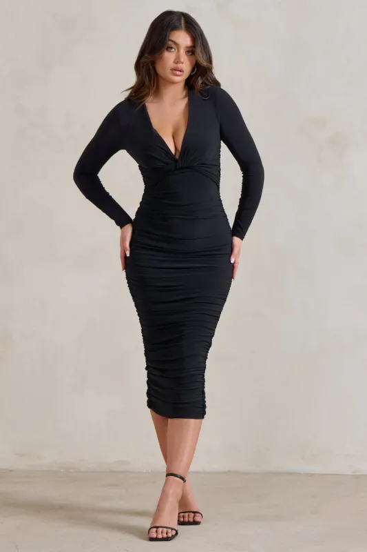 Renee | Black Plunge Twist Neckline Long Sleeve Ruched Midi Dress sold by Club L London