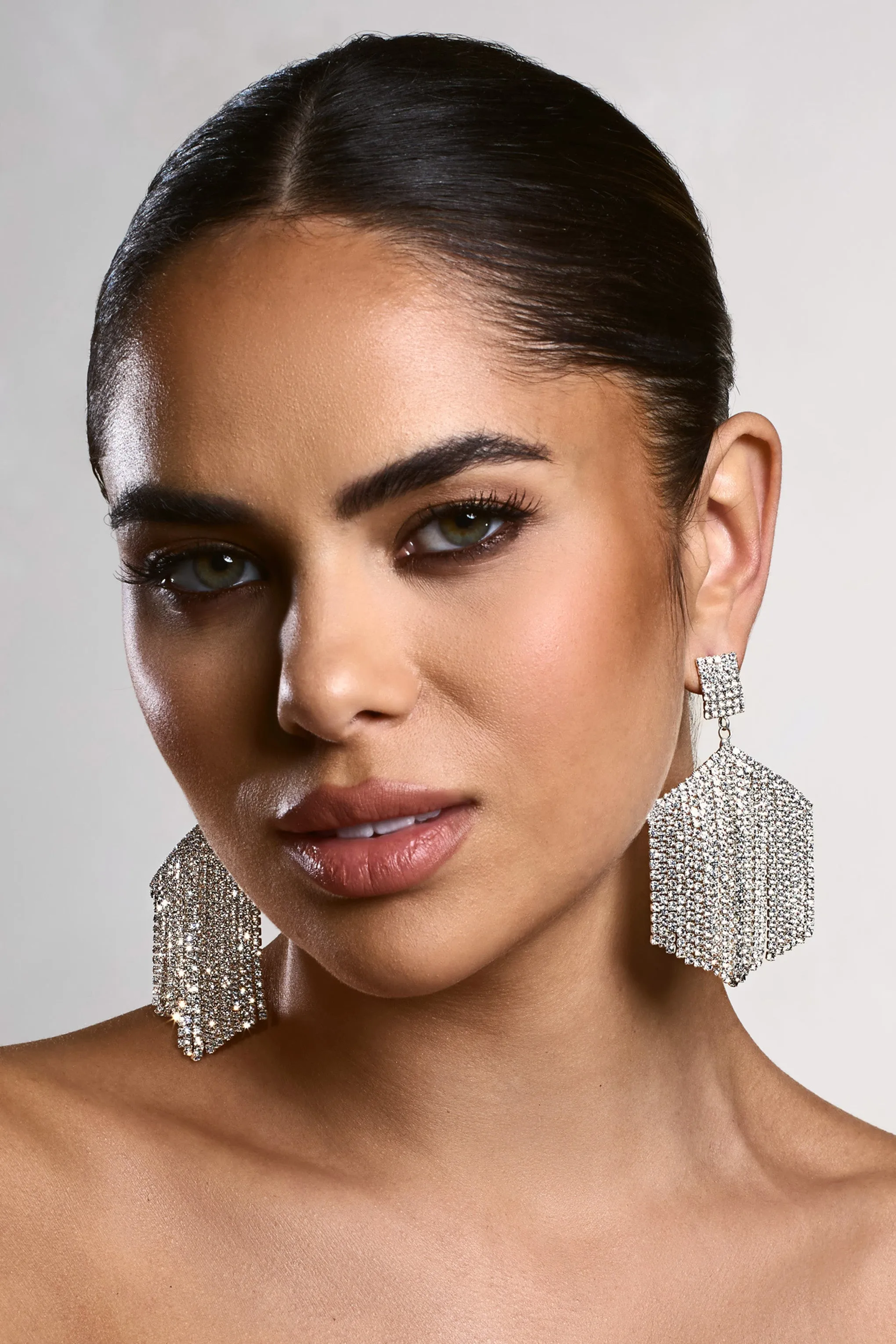Alaina | Silver Diamante Tassel Drop Earrings sold by Club L London product image thumbnail 2