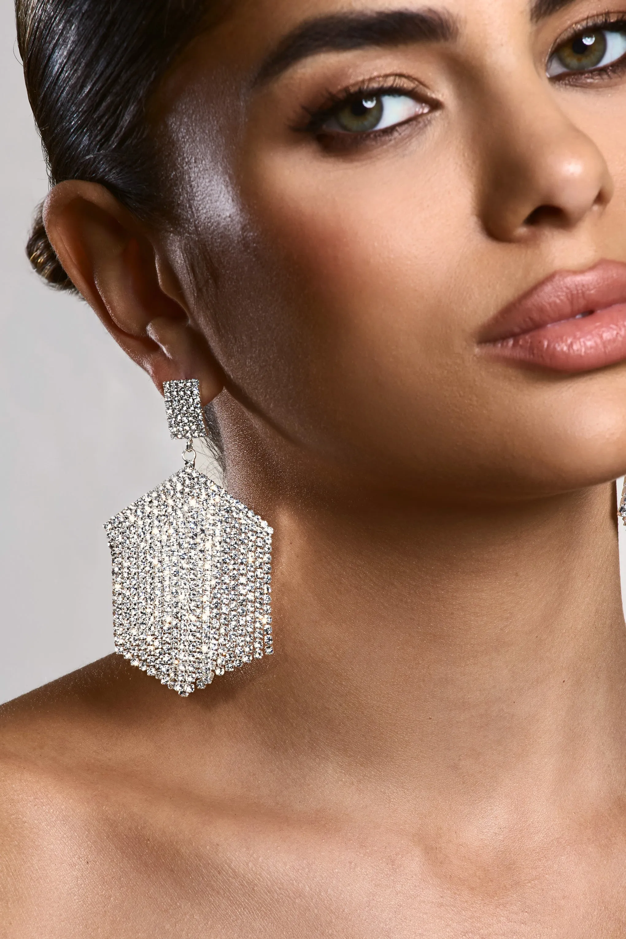 Alaina | Silver Diamante Tassel Drop Earrings sold by Club L London product image thumbnail 5