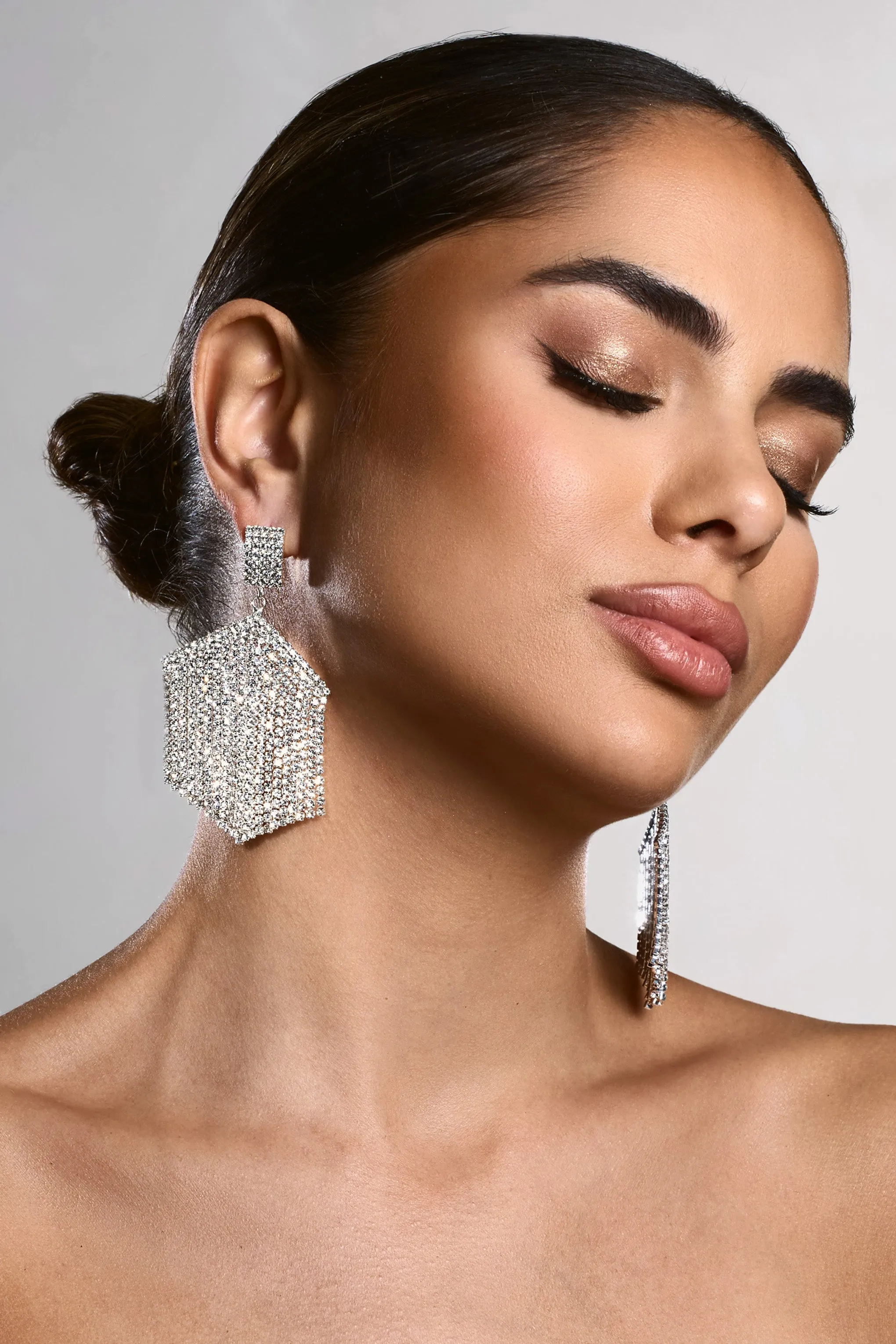Alaina | Silver Diamante Tassel Drop Earrings sold by Club L London product image thumbnail 4