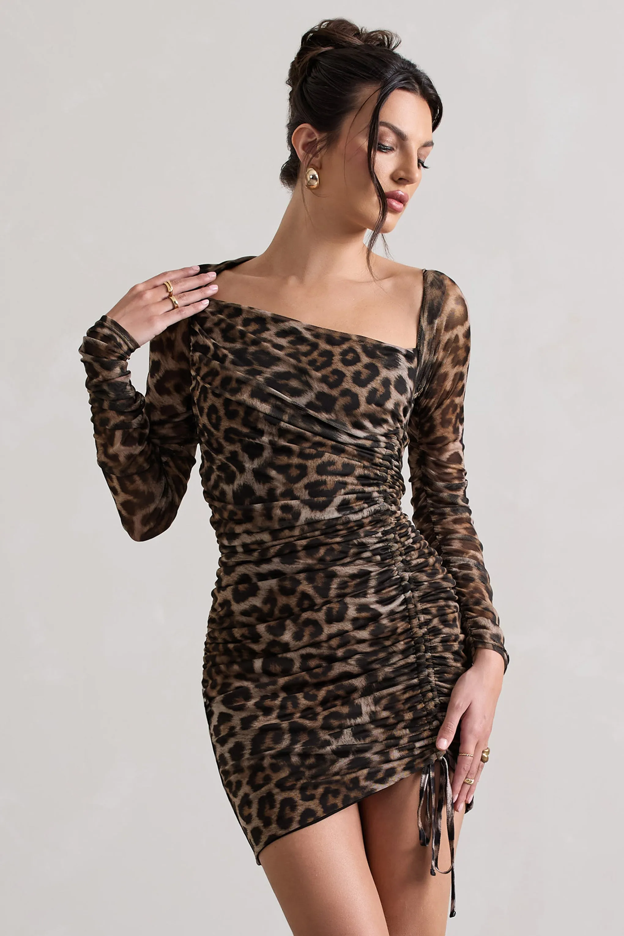 Aphrodite | Leopard Print Asymmetric Ruched Side Mini Dress sold by Club L London product image thumbnail 4