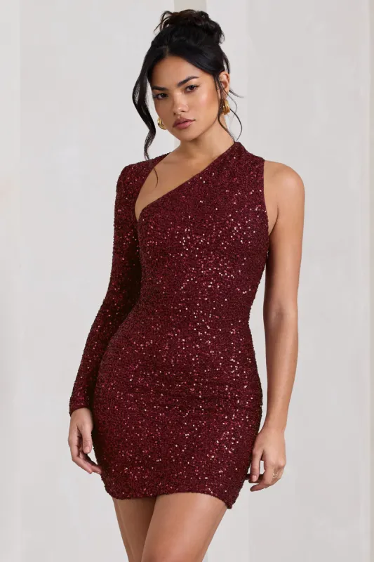 Siren | Burgundy Sequin One Shoulder Bodycon Mini Dress sold by Club L London