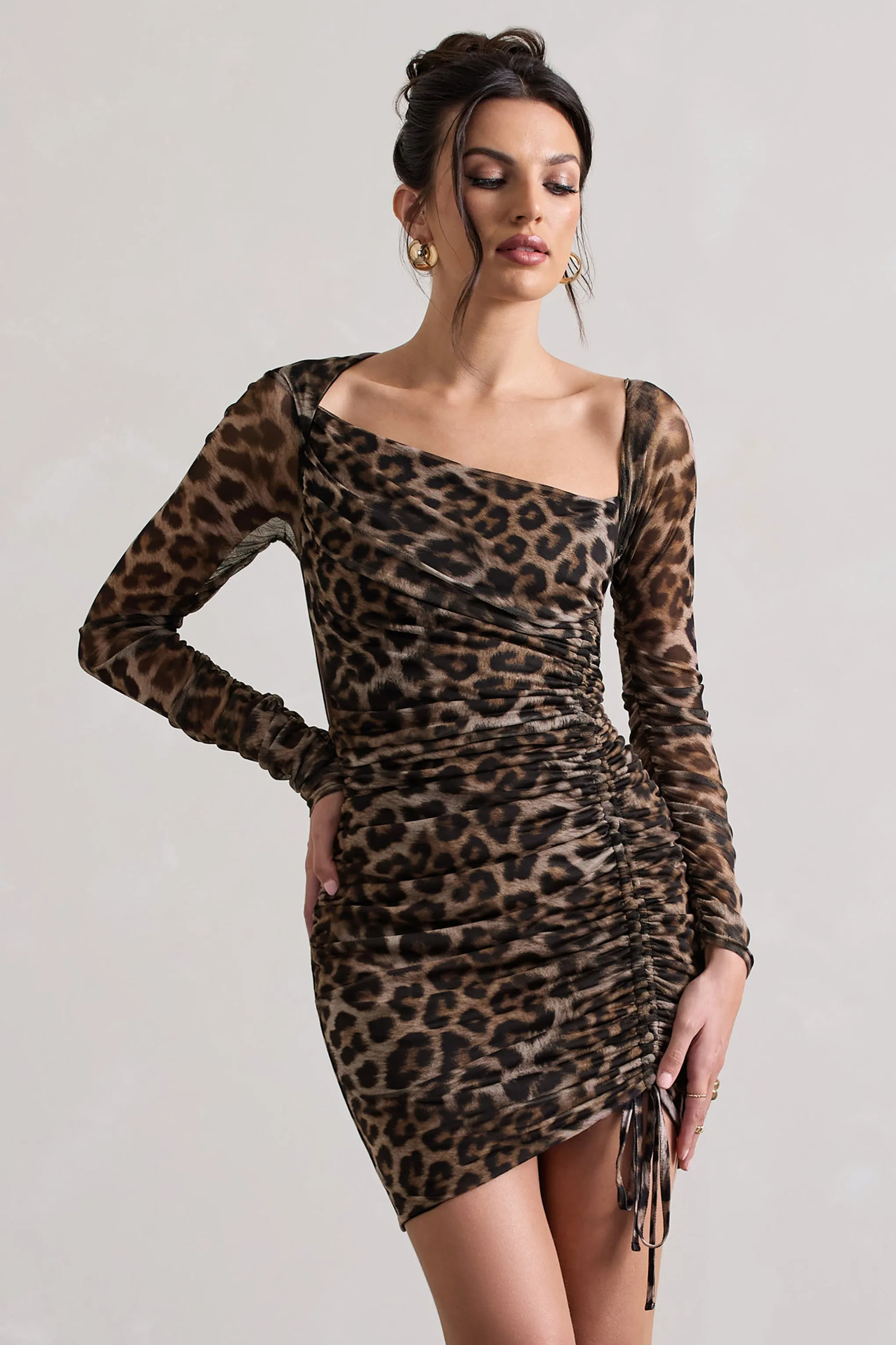 Aphrodite | Leopard Print Asymmetric Ruched Side Mini Dress sold by Club L London product image thumbnail 2