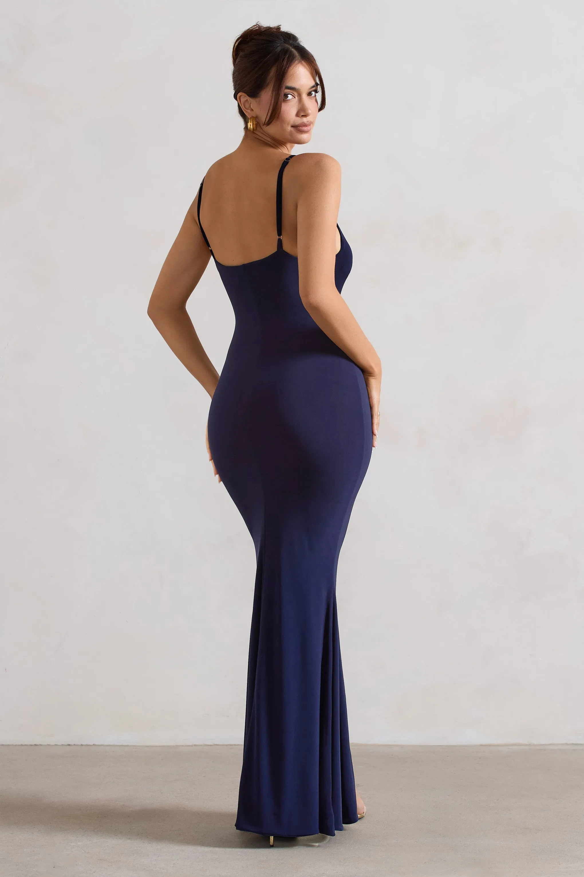 Love Shy | Navy Plunge Neck Maxi Dress With Split Detail sold by Club L London product image thumbnail 2