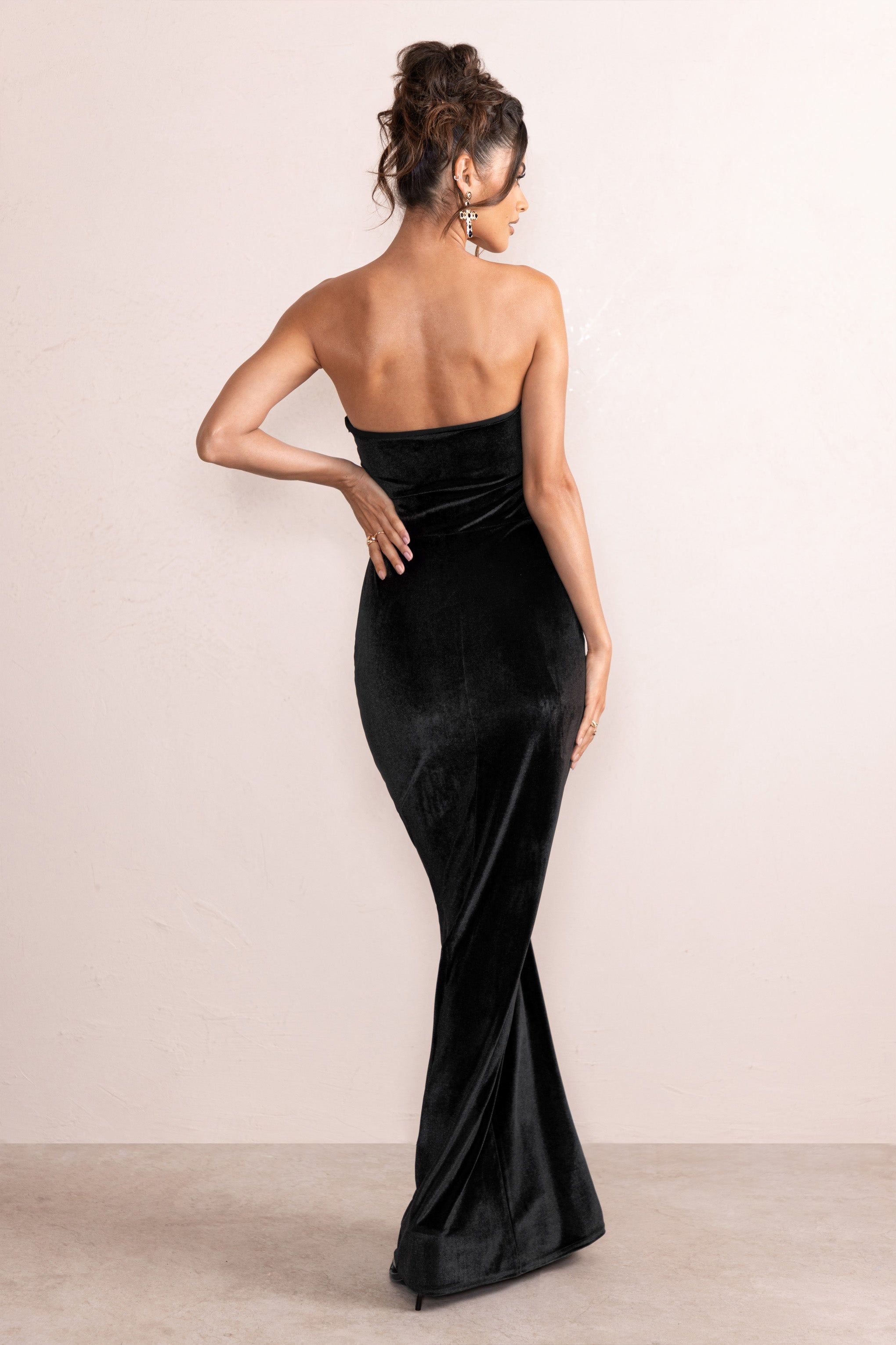 Belle Of The Ball | Black Velvet Bandeau Maxi Dress With Split Hem sold by Club L London product image thumbnail 2