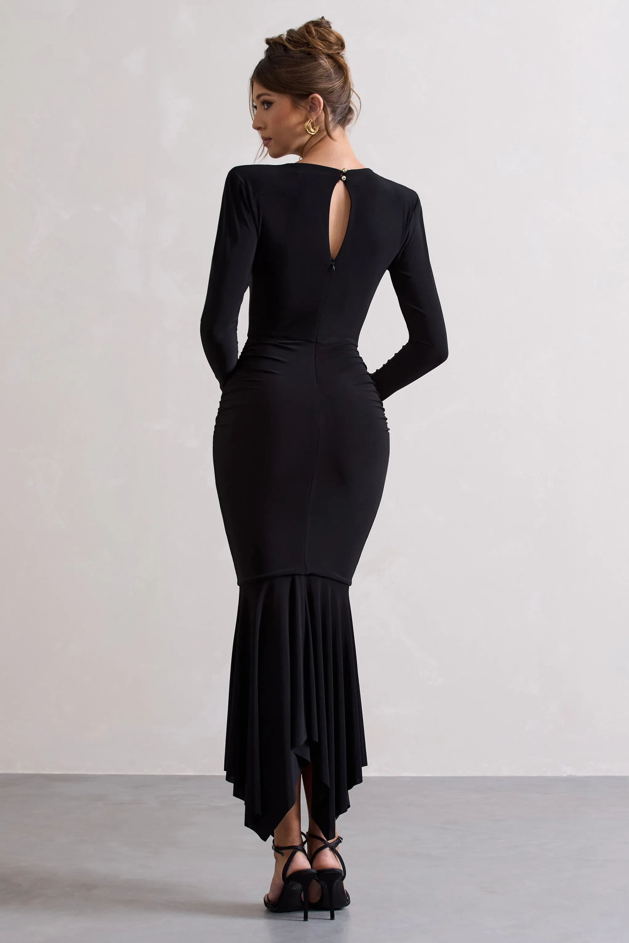 Milena | Black Plunge-Neck Maxi Dress With Draped Hem sold by Club L London product image thumbnail 2