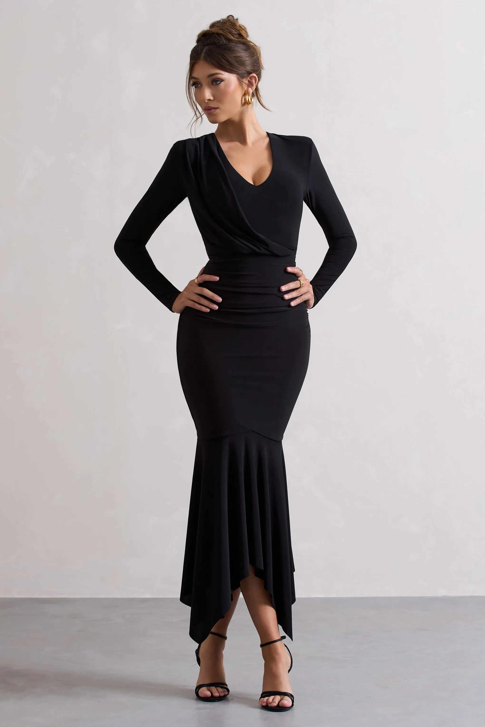 Milena | Black Plunge-Neck Maxi Dress With Draped Hem sold by Club L London product image thumbnail 4