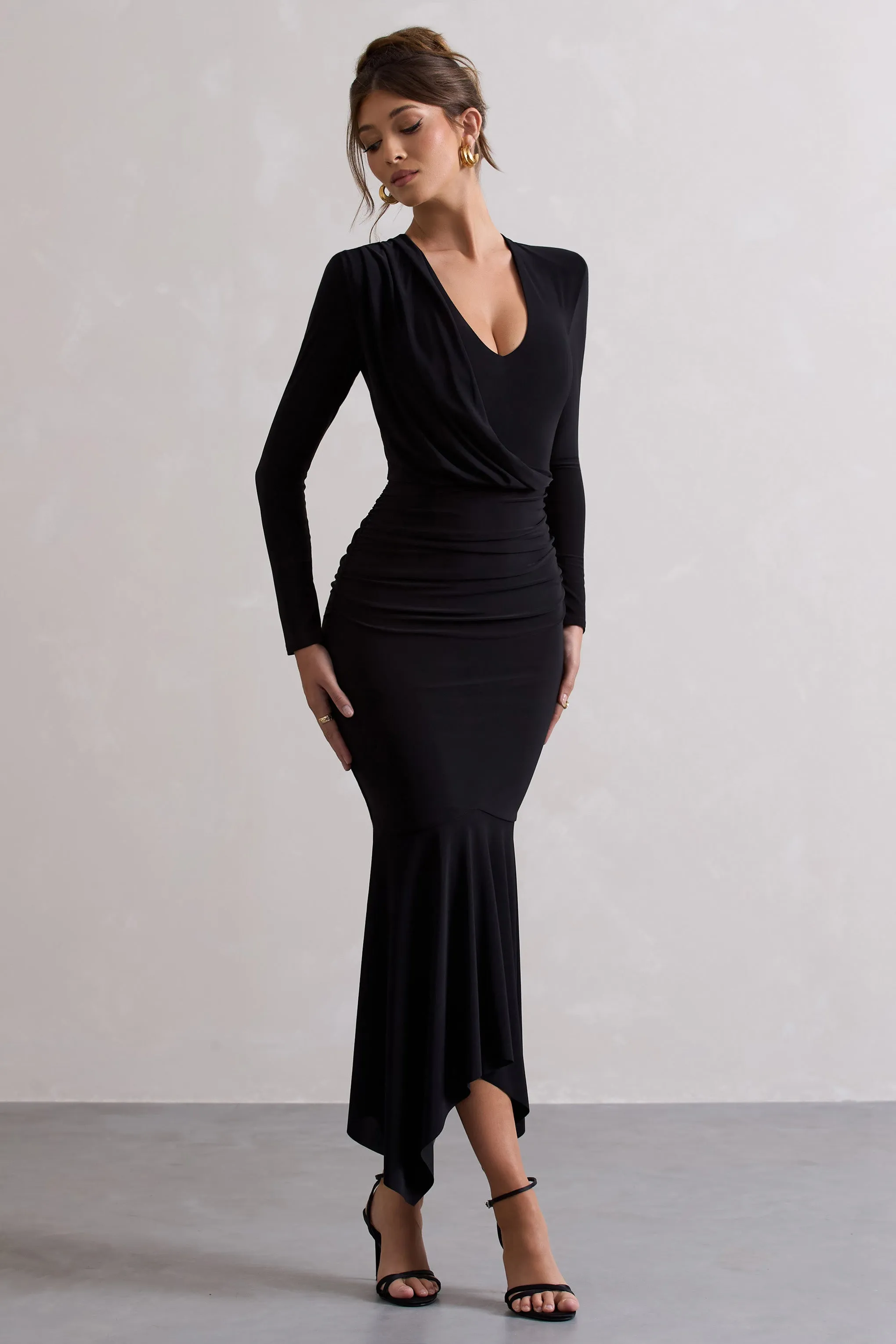 Milena | Black Plunge-Neck Maxi Dress With Draped Hem sold by Club L London product image thumbnail 3
