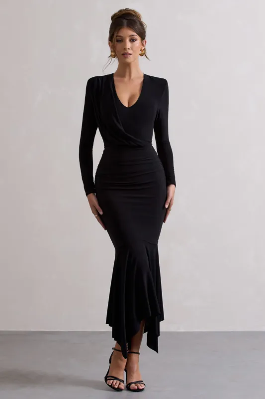 Milena | Black Plunge-Neck Maxi Dress With Draped Hem sold by Club L London