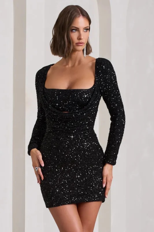 Pure Intentions | Black Sequin Long-Sleeve Cowl Mini Dress sold by Club L London