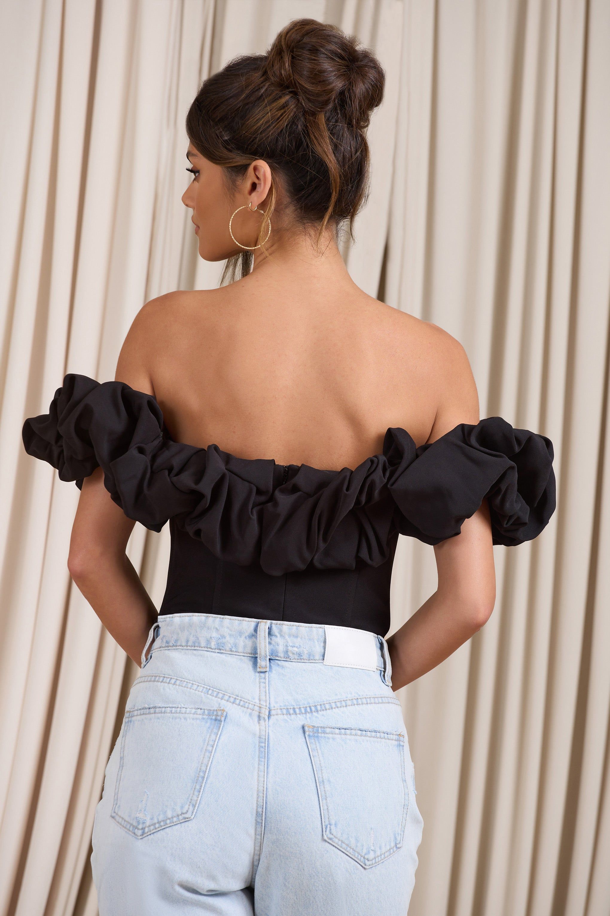 Ellie | Black Structured Statement Bardot Bodysuit sold by Club L London product image thumbnail 2