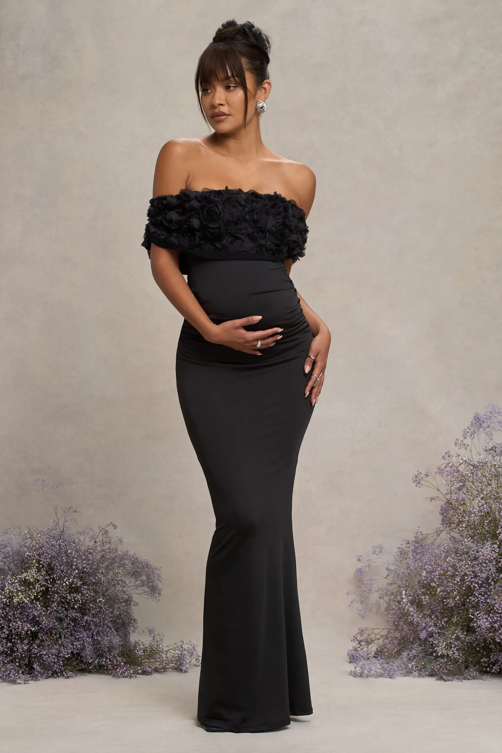 Inflorescence | Black Mesh Floral Bardot Maternity Maxi Dress sold by Club L London