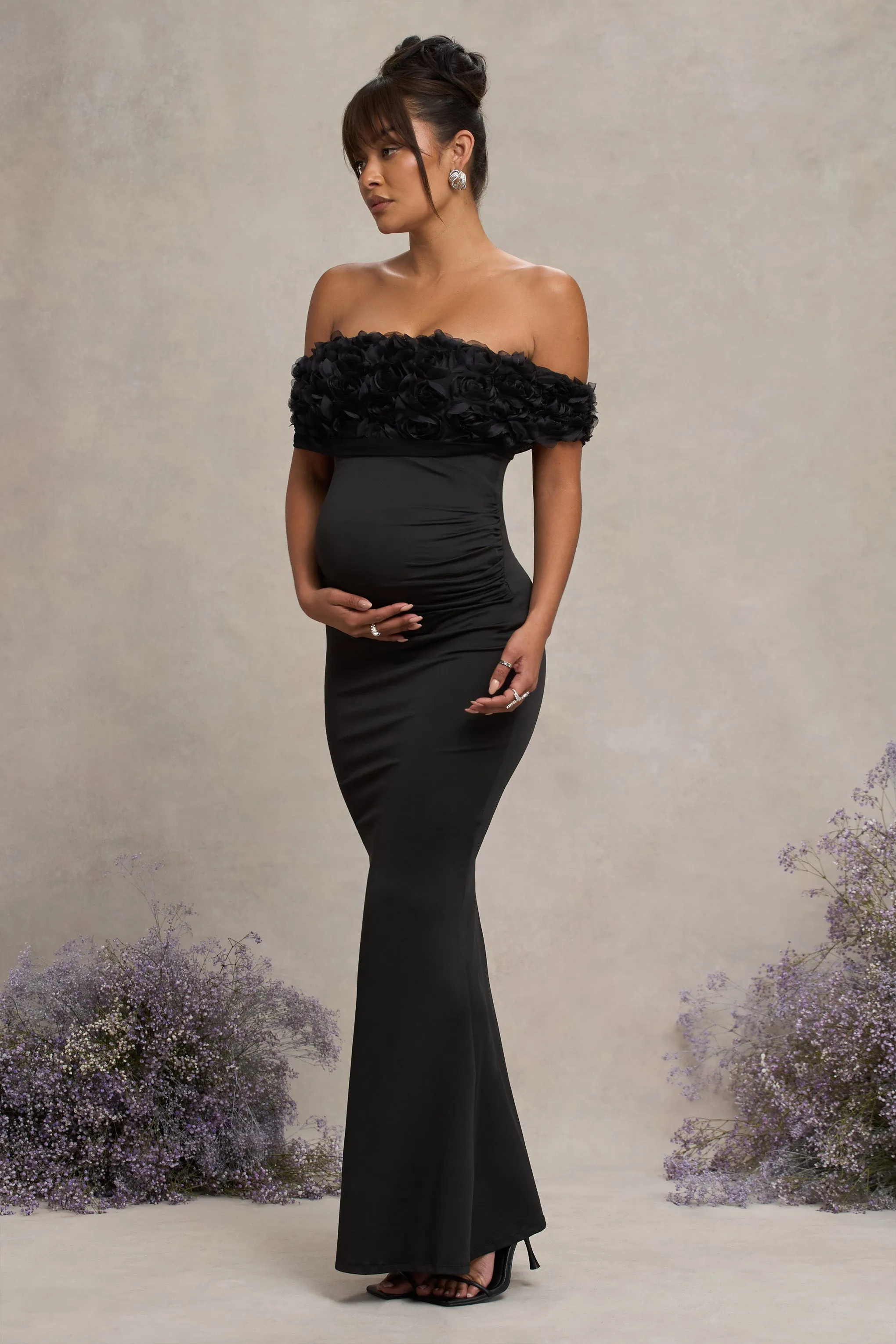 Inflorescence | Black Mesh Floral Bardot Maternity Maxi Dress sold by Club L London product image thumbnail 5