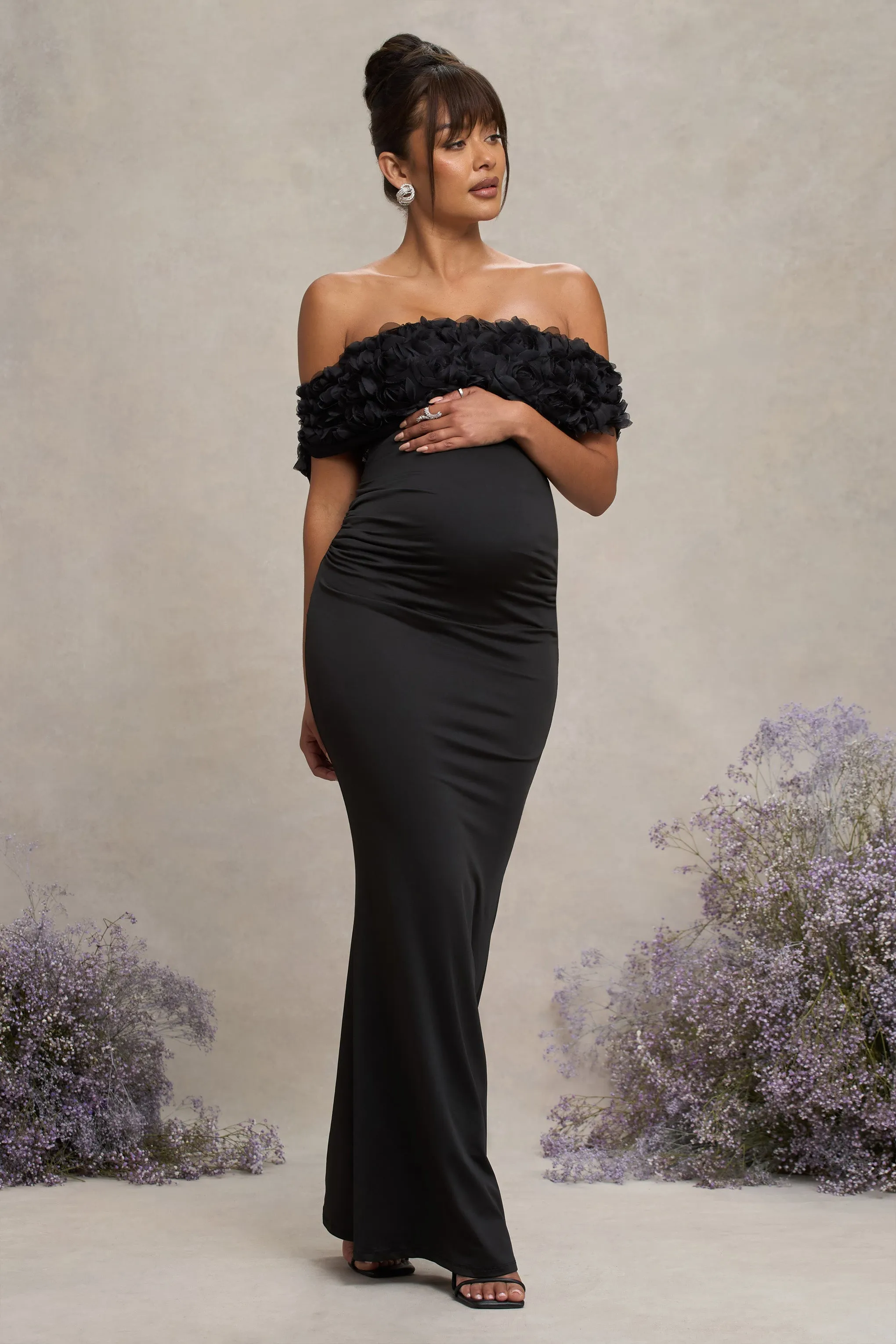 Inflorescence | Black Mesh Floral Bardot Maternity Maxi Dress sold by Club L London product image thumbnail 4