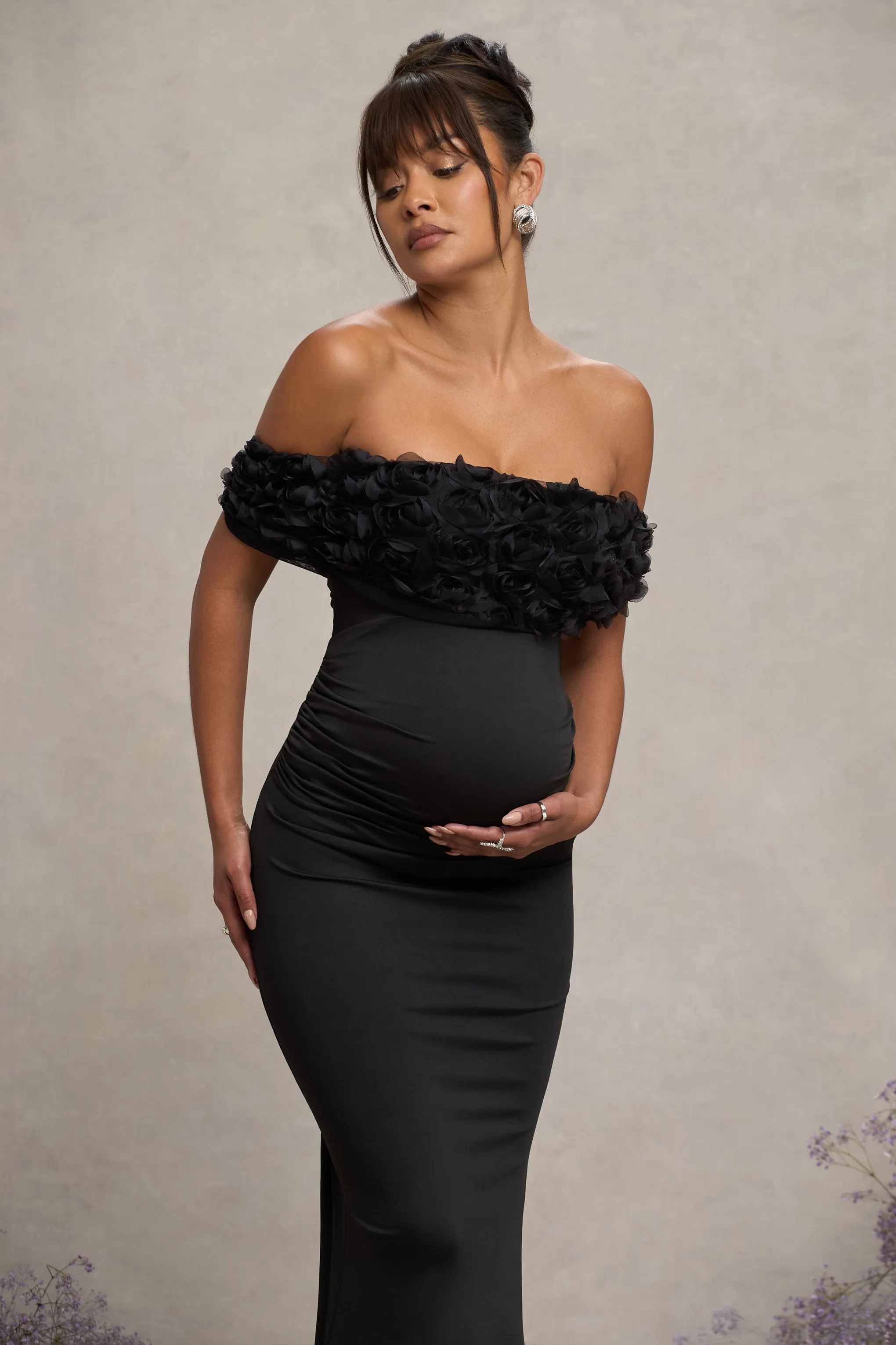 Inflorescence | Black Mesh Floral Bardot Maternity Maxi Dress sold by Club L London product image thumbnail 3