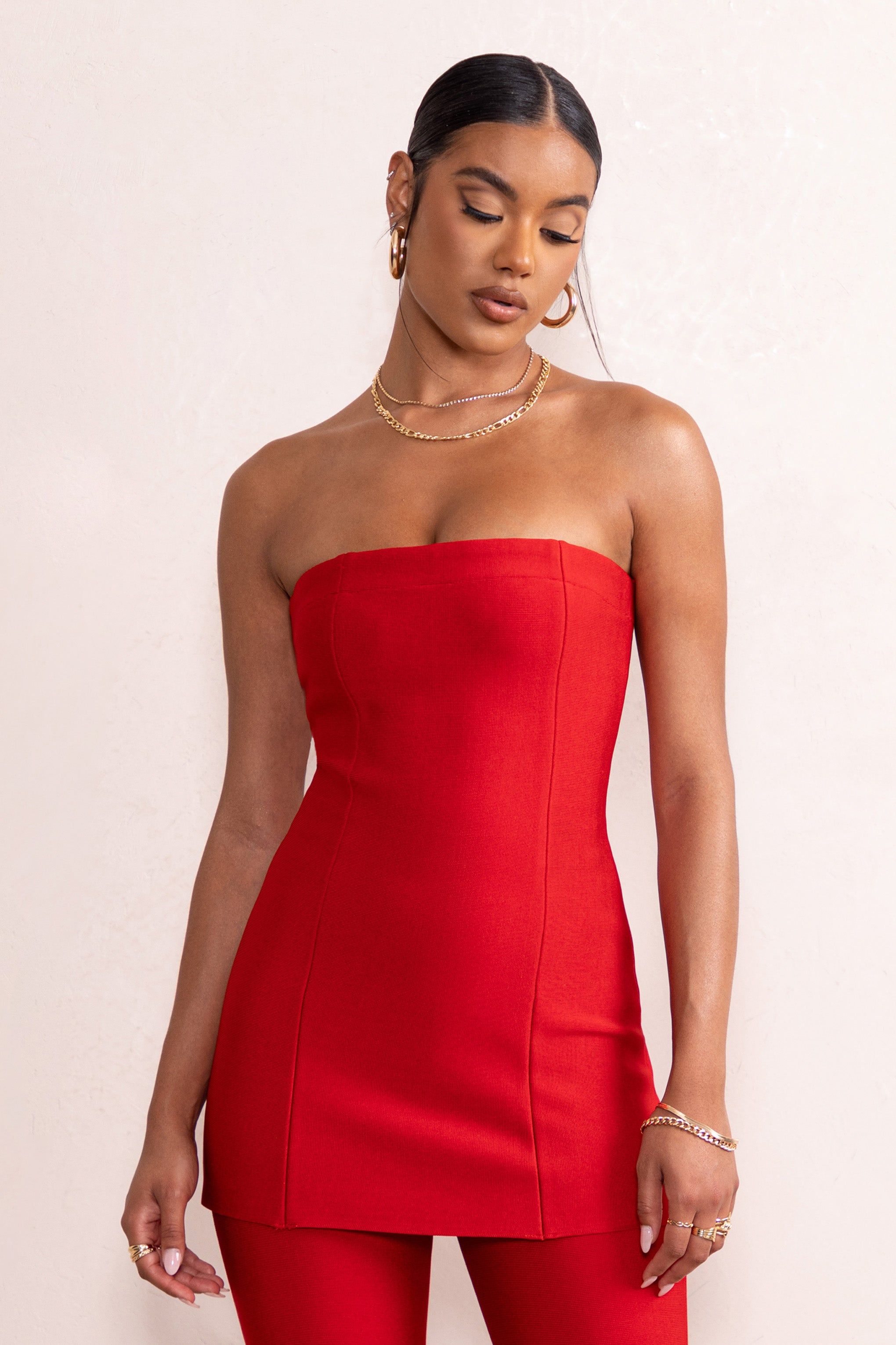 Rylee | Red Bandage Strapless Longline Top sold by Club L London