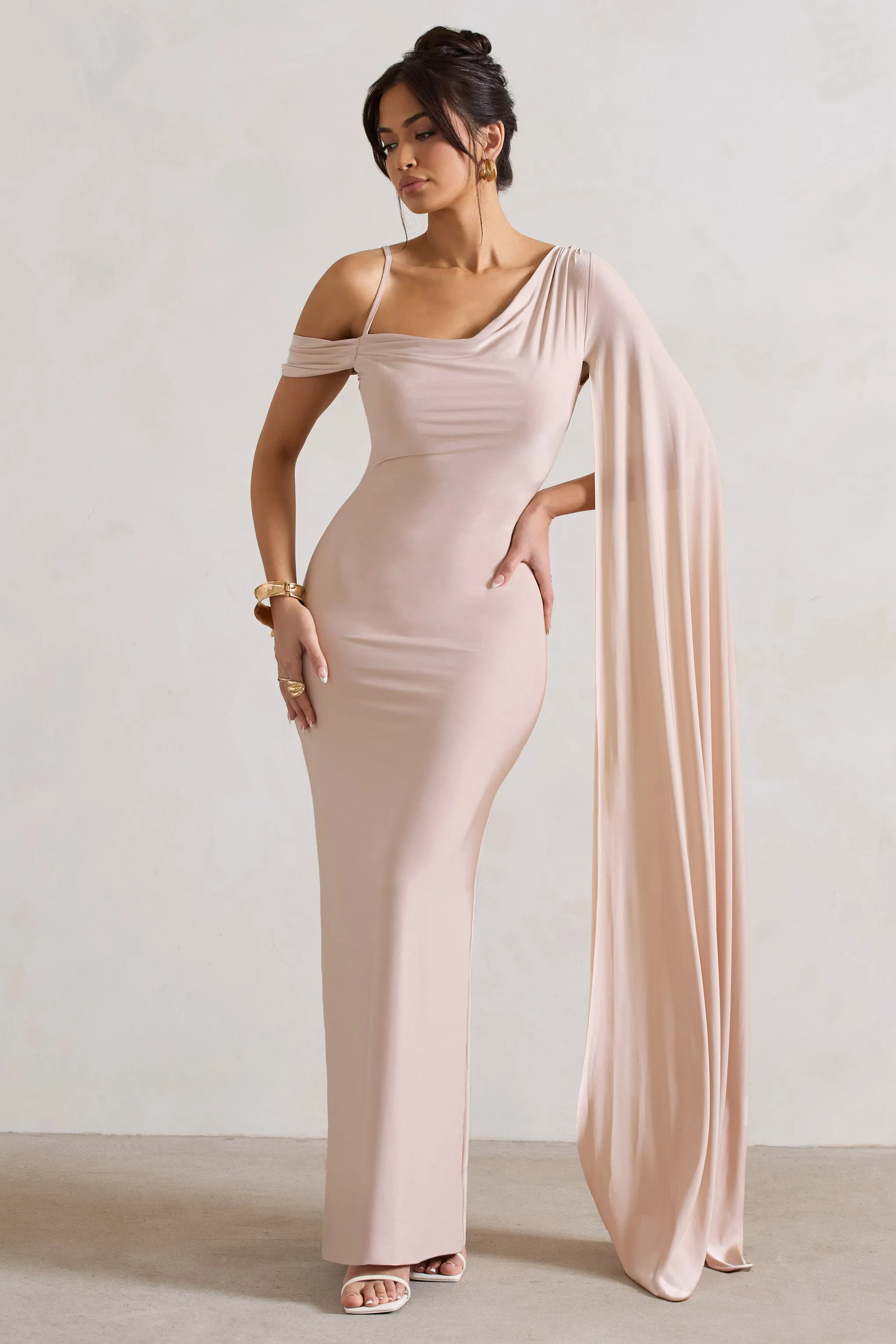 Pedra | Champagne One Shoulder Cape Sleeve Draped Maxi Dress sold by Club L London product image thumbnail 5