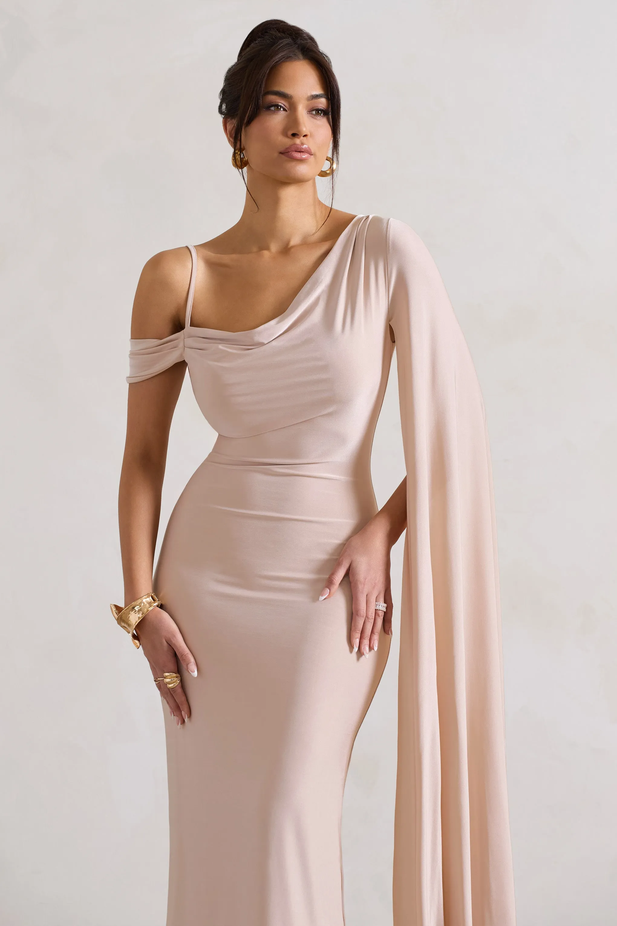Pedra | Champagne One Shoulder Cape Sleeve Draped Maxi Dress sold by Club L London product image thumbnail 3