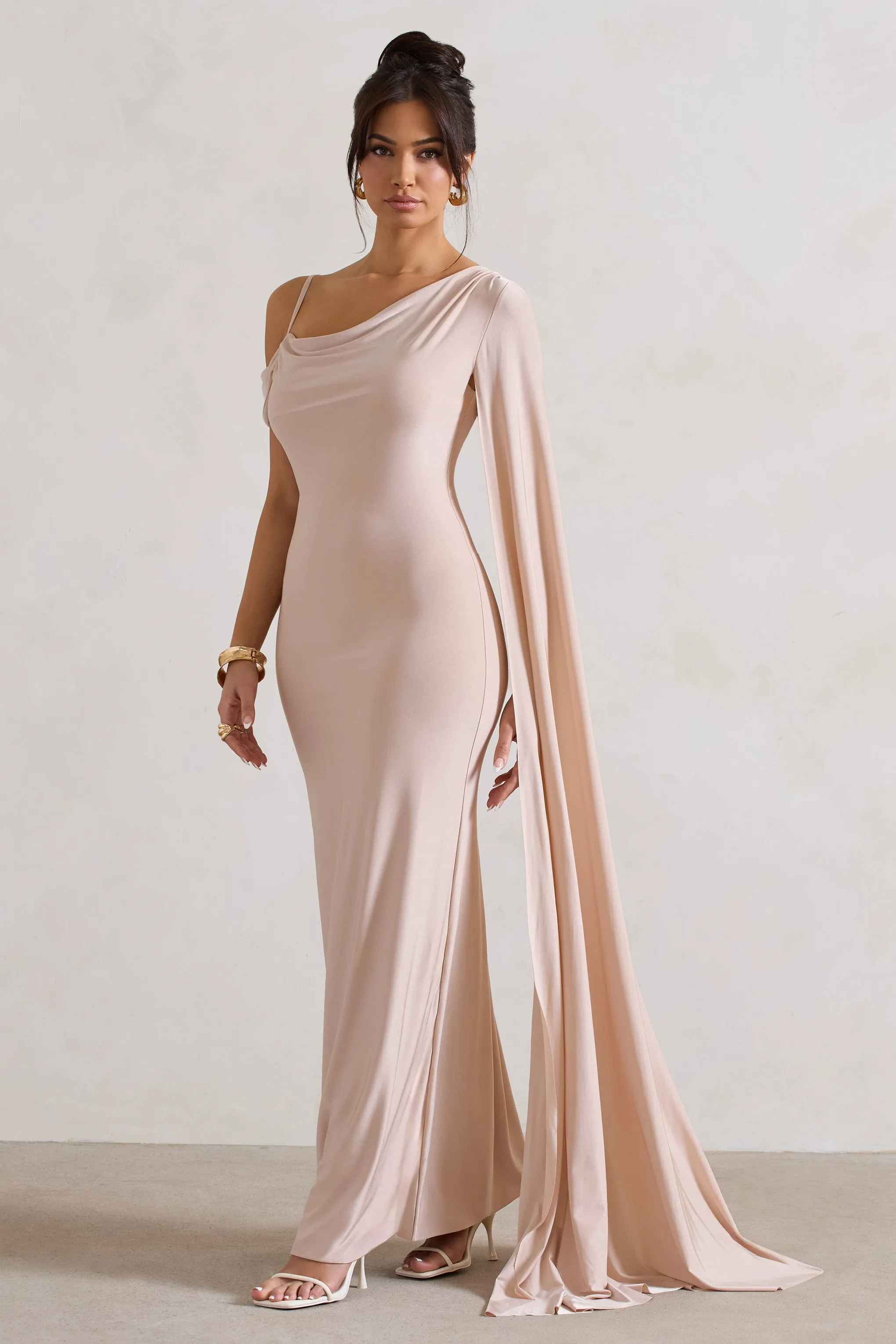 Pedra | Champagne One Shoulder Cape Sleeve Draped Maxi Dress sold by Club L London product image thumbnail 4