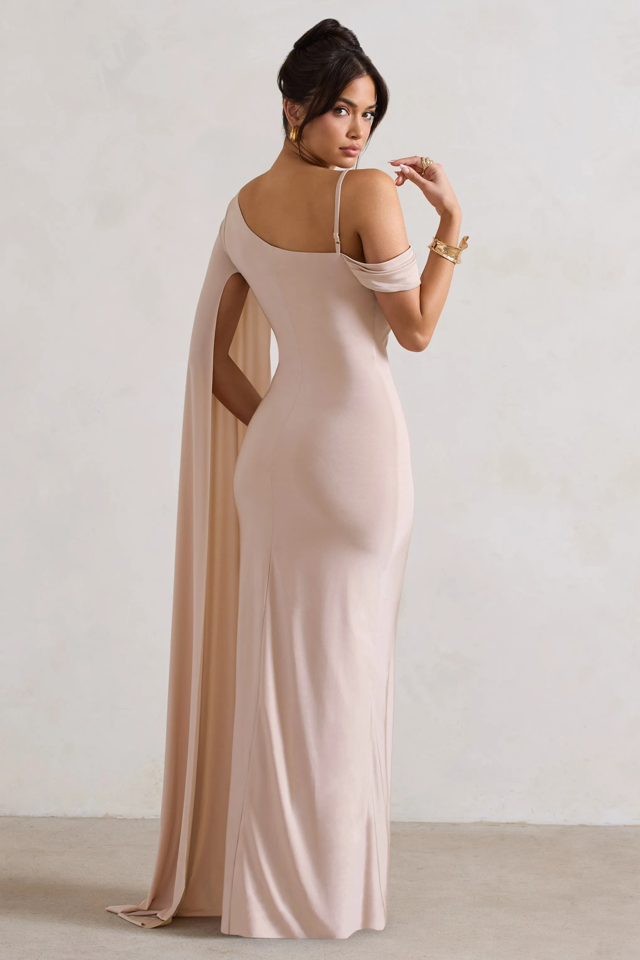 Pedra | Champagne One Shoulder Cape Sleeve Draped Maxi Dress sold by Club L London product image thumbnail 2