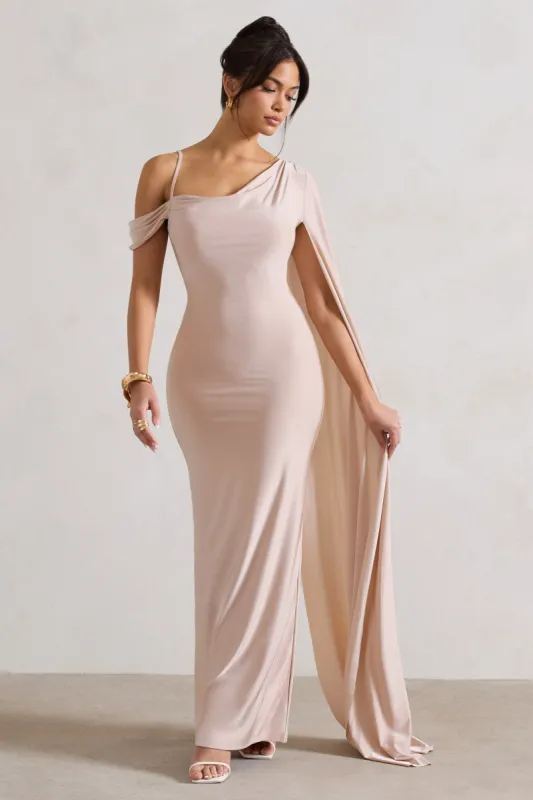 Pedra | Champagne One Shoulder Cape Sleeve Draped Maxi Dress sold by Club L London