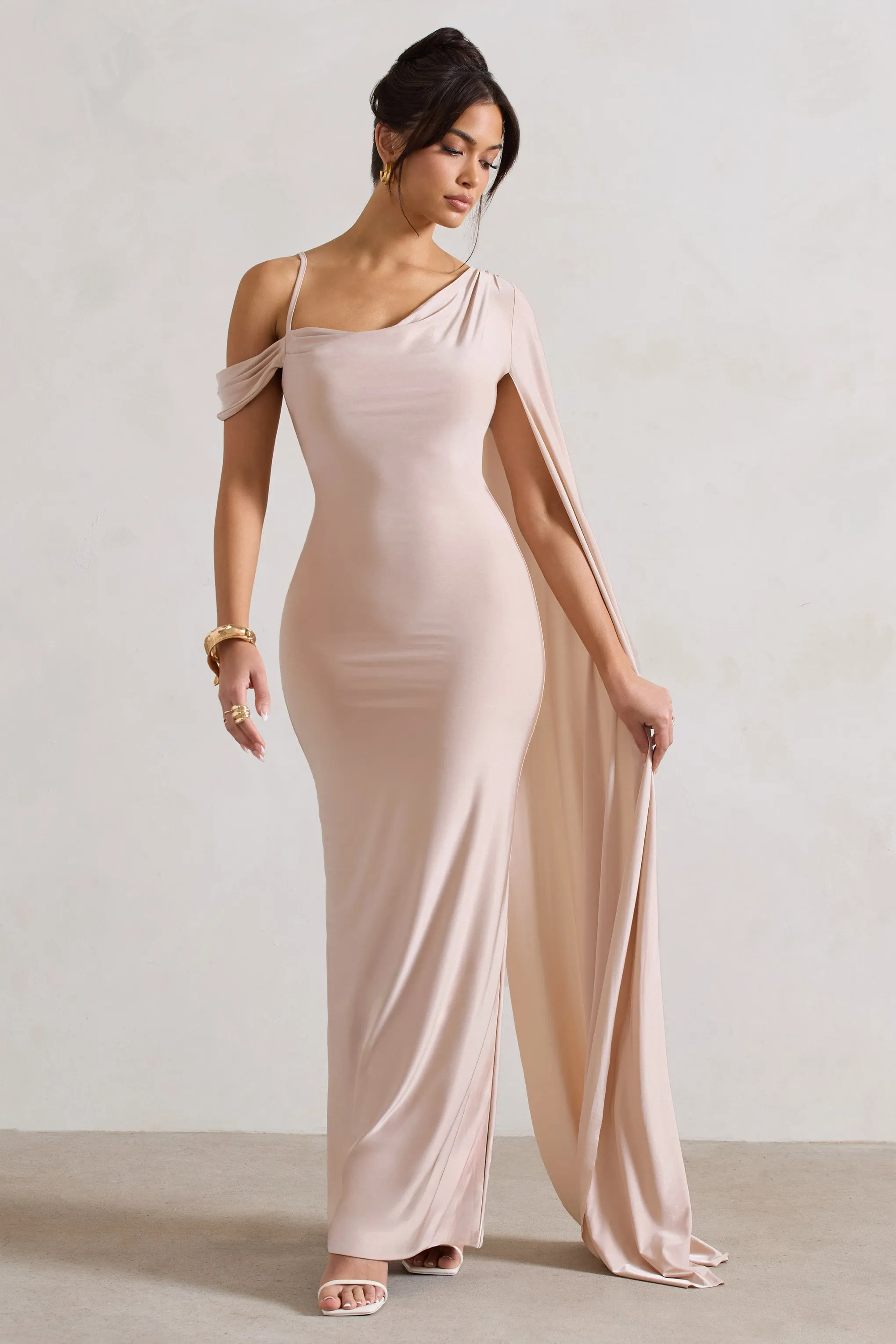 Pedra | Champagne One Shoulder Cape Sleeve Draped Maxi Dress sold by Club L London