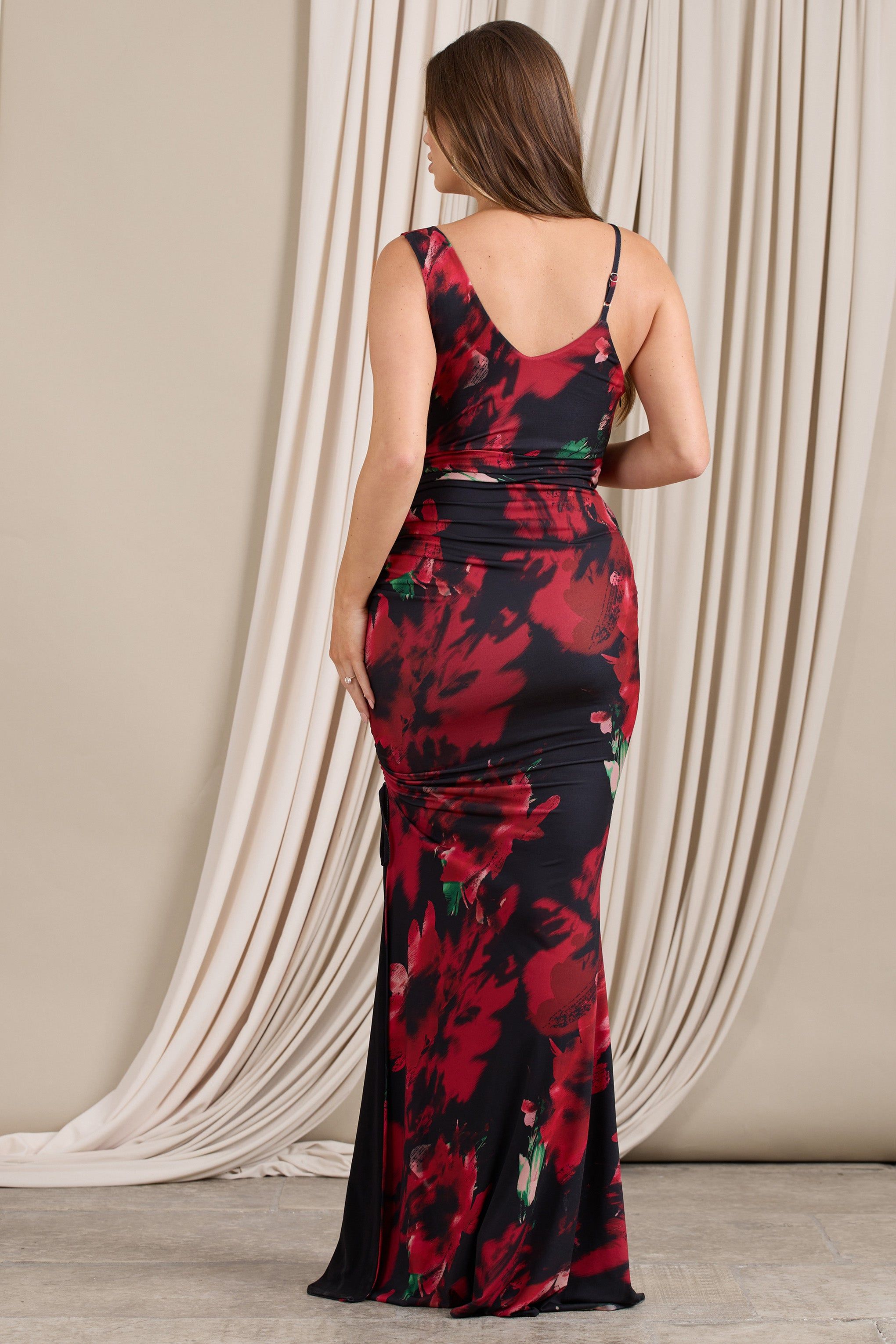Phantasy | Red Floral Asymmetric Split Maternity Maxi Dress sold by Club L London product image thumbnail 2