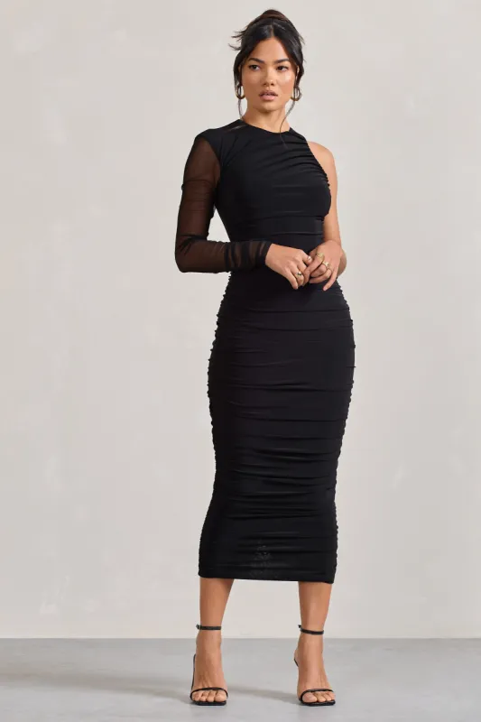 Luciene | Black Ruched Asymmetric Bodycon Midi Dress With Sheer Sleeve sold by Club L London