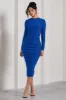 Emilie | Royal Blue Ruched Long-Sleeve Midi Dress sold by Club L London