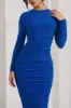 Emilie | Royal Blue Ruched Long-Sleeve Midi Dress sold by Club L London