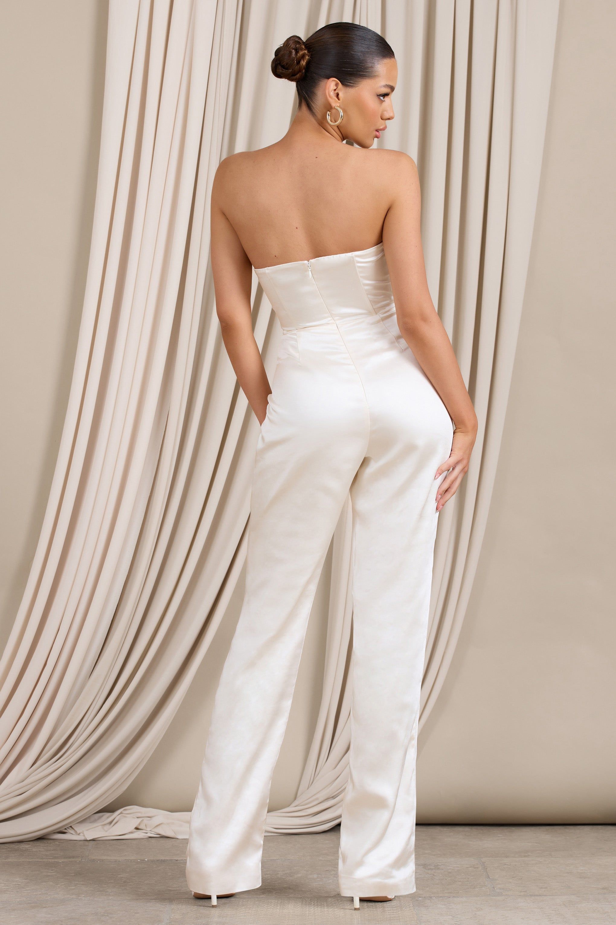 Amiah | Cream Satin Strapless Straight-Leg Jumpsuit sold by Club L London product image thumbnail 2