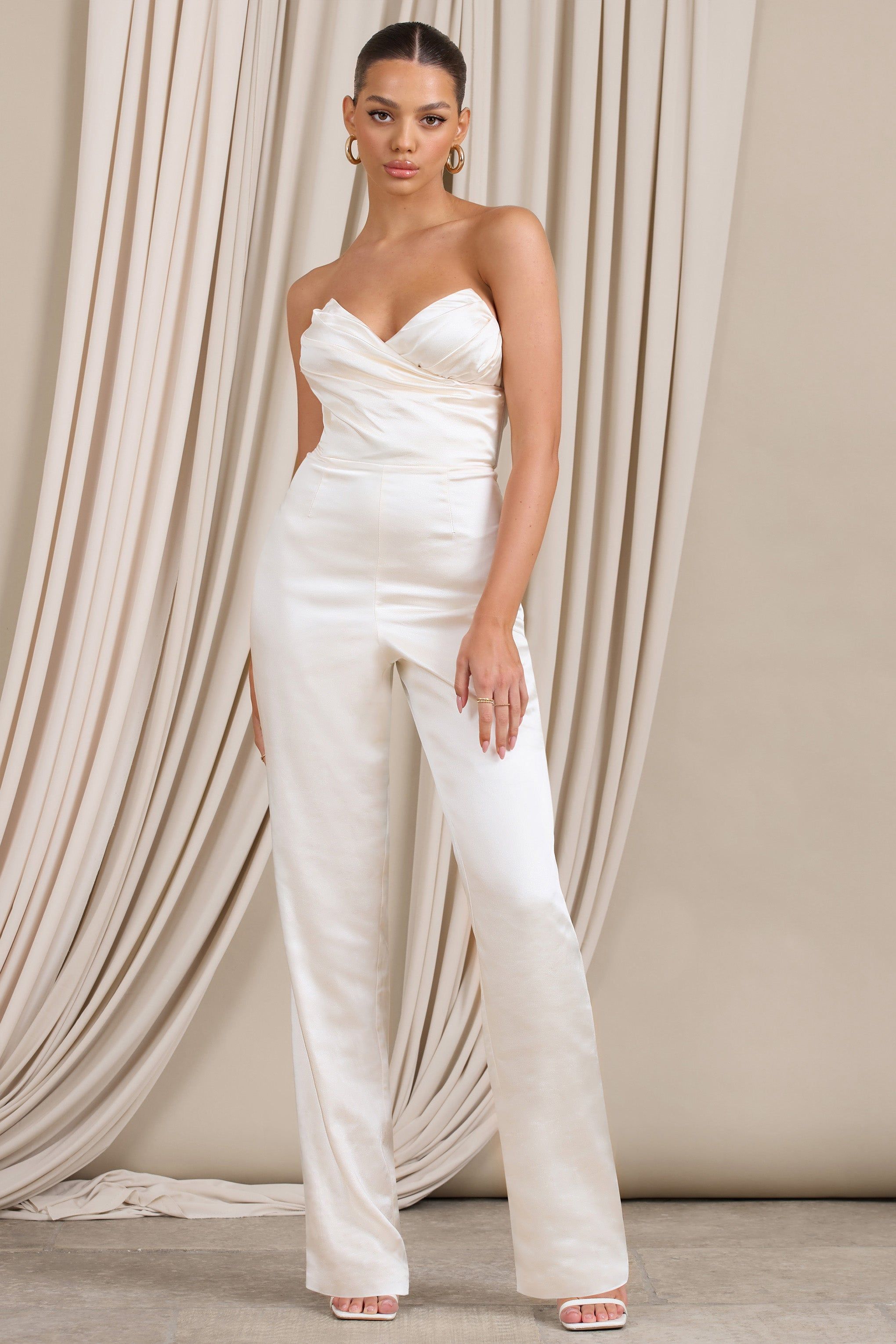 Amiah | Cream Satin Strapless Straight-Leg Jumpsuit sold by Club L London product image thumbnail 3